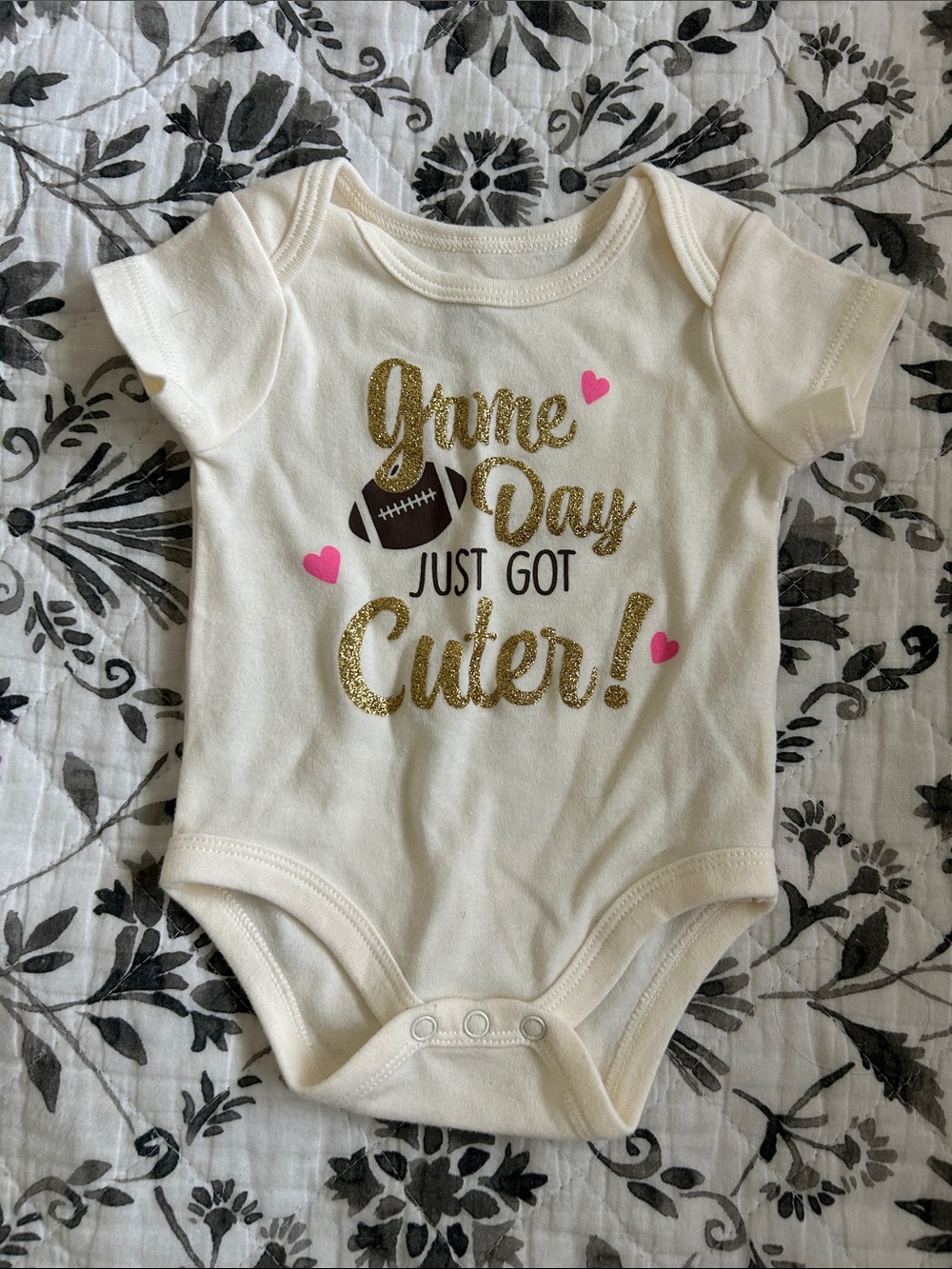 Ivory "Game Day Just Got Cuter" Gold Glitter One-Piece Bodysuit